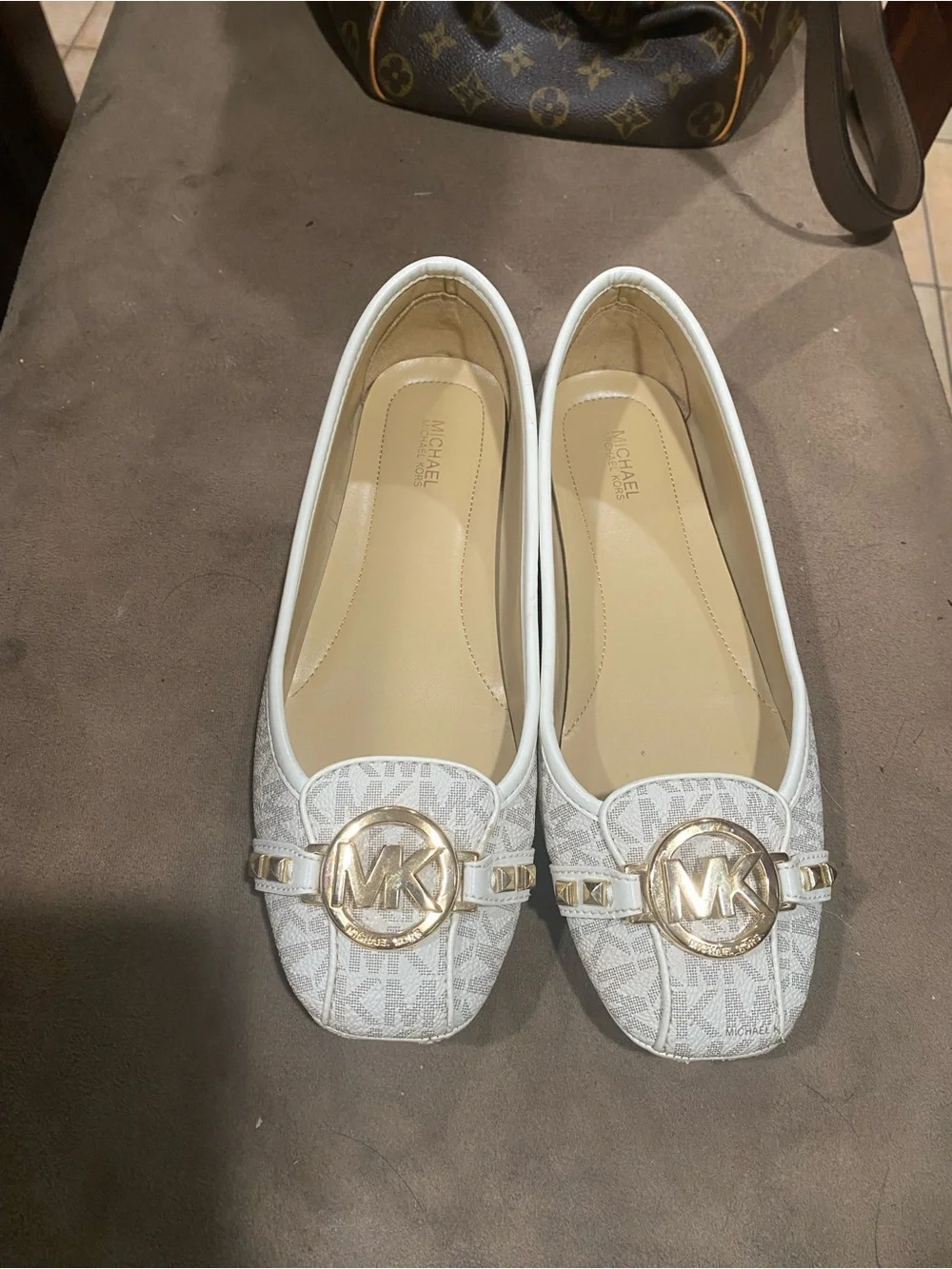 Michael Kors White MK Logo Leather Trim Ballet Flats